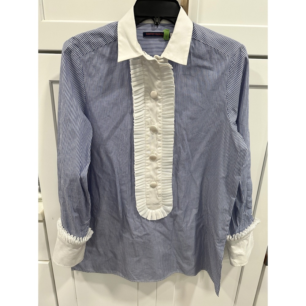 Harvey Faircloth Striped Ruffle Button Down‎ Blouse White Collar Size 4